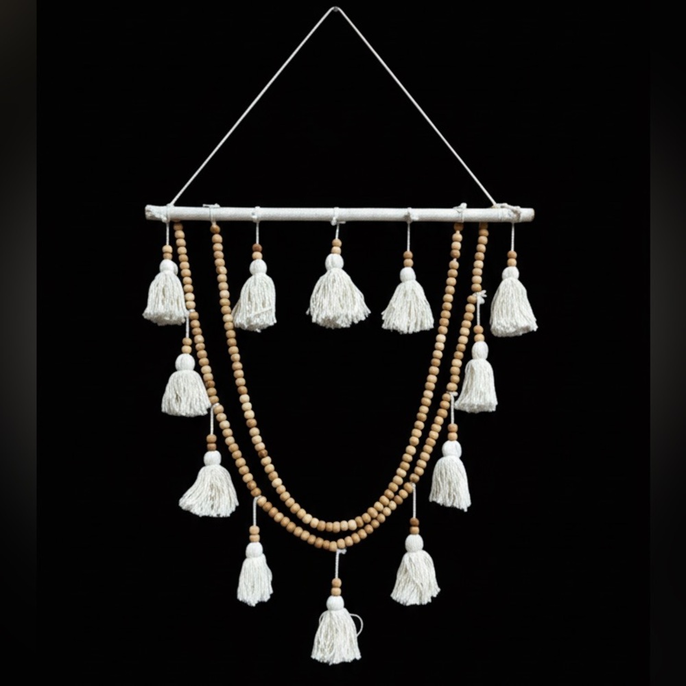 Boho‎ Wall Hanging with Tassels Wood Beads Neutral Decor Beach Decor 70s Style